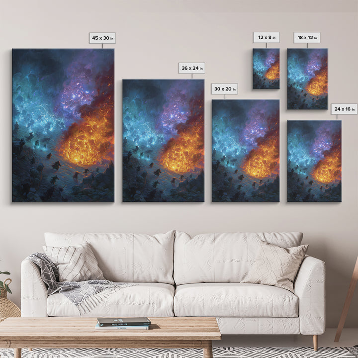 Elemental Fire And Ice Battle Wall Art, Epic Fantasy Canvas Print, Surreal Magic Landscape, Dramatic Warrior Decor, Adventure Artwork