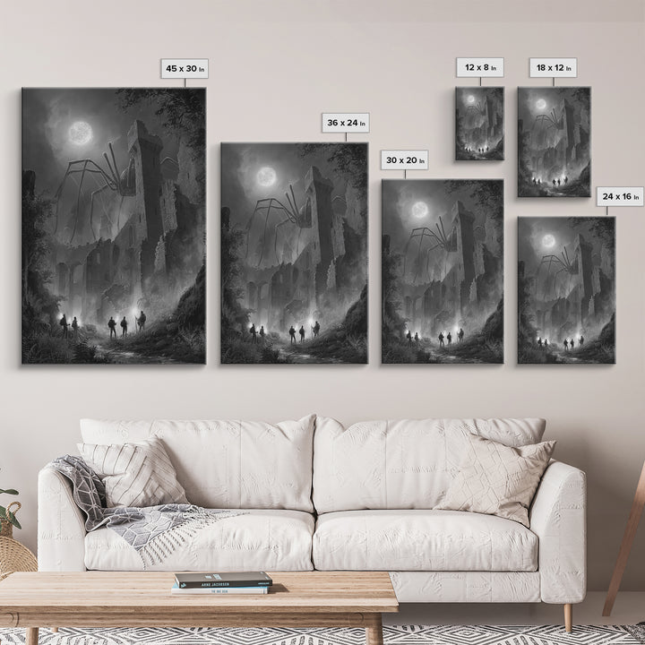 Giant Spider Haunting Moonlit Ruins Wall Art, Black And White Framed Canvas Print, Gothic Horror Decor, Creepy Fantasy Art