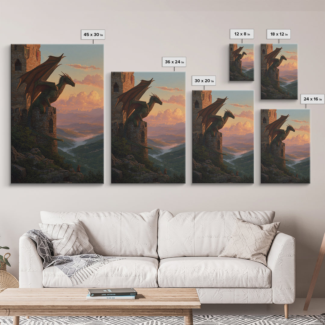 Green Dragon Guarding Mountain Castle Wall Art, Epic Fantasy Canvas Print, Medieval Valley Landscape, Statement Home Decor