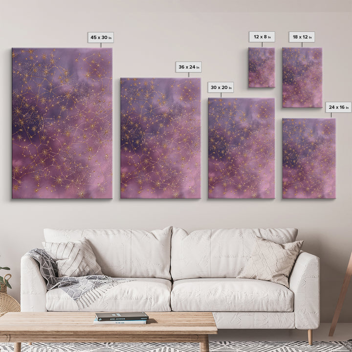 Gold Constellation Wall Art, Purple Astrology Sky Canvas, Celestial Zodiac Decor, Mystical Star Map Print For Bedroom Decor