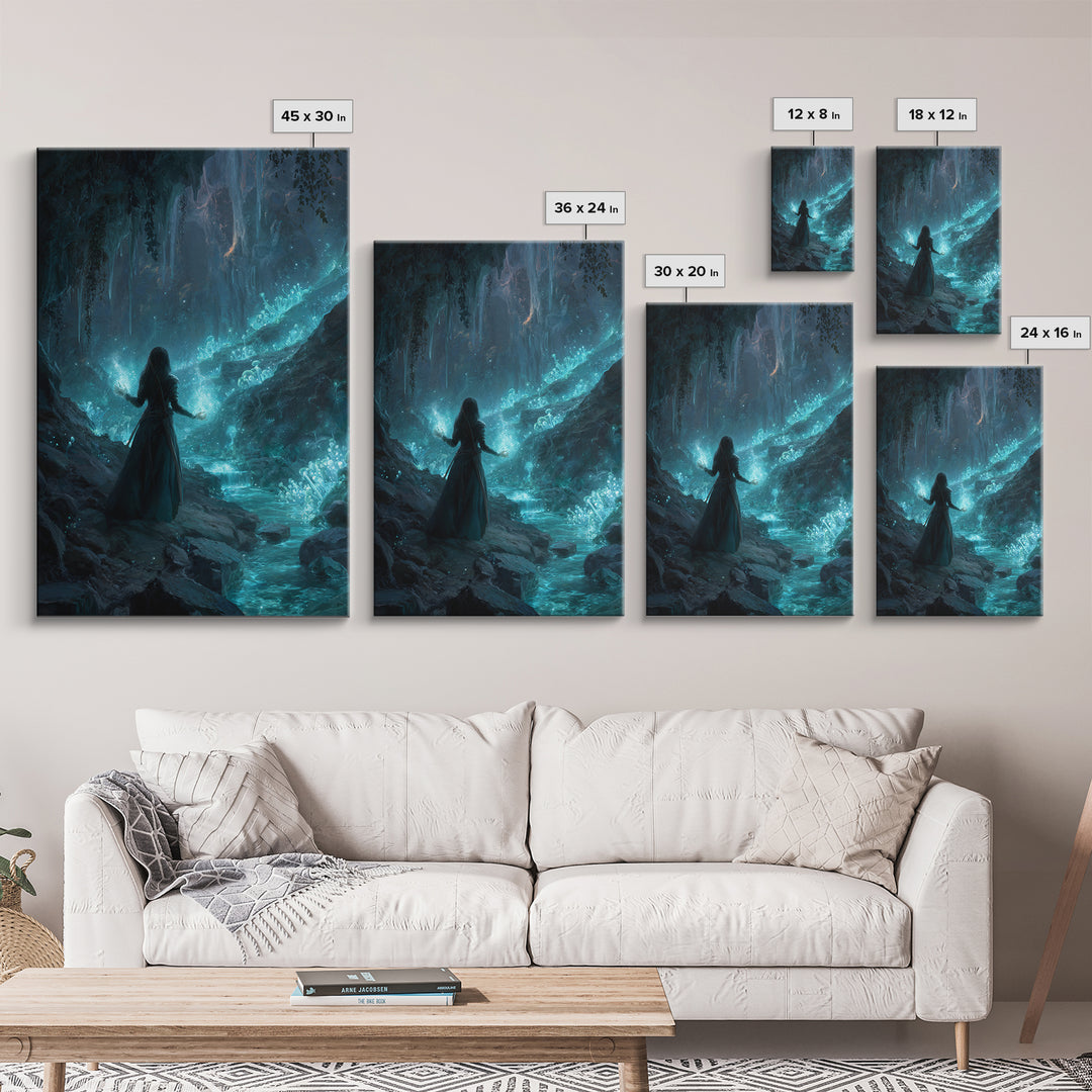Glowing Crystal Cavern Sorceress Wall Art, Fantasy Art Print, Mystical Blue Cave Decor, Witchy Home Decor Gift For Her, Room Decor