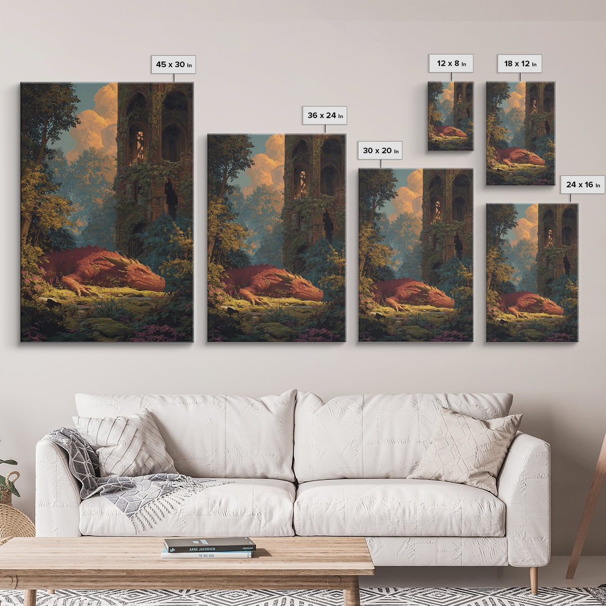 Sleeping Golden Dragon In Overgrown Ruins Canvas Print, Fantasy Wall Decor, Dragon Art, Storybook Castle Home Decor, Housewarming Gift