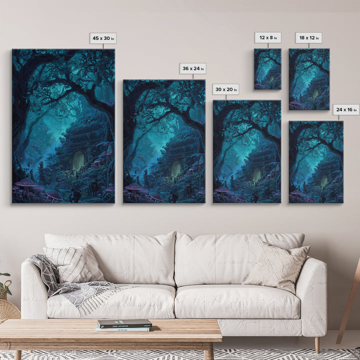 Enchanted Blue Forest Door Framed Canvas Print, Mushroom Wall Art, Fantasy Woodland Decor, Magical Library Art Print, Gift For Her