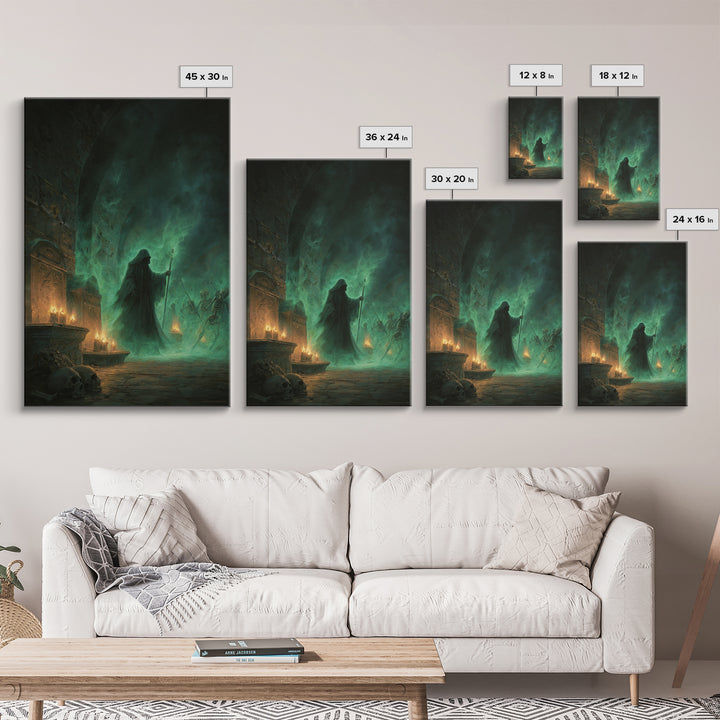 Green Necromancer Dungeon Wall Art, Dark Fantasy Canvas Print, Skeleton Gothic Decor, Witchy Macabre Home Decor, Gift For Him