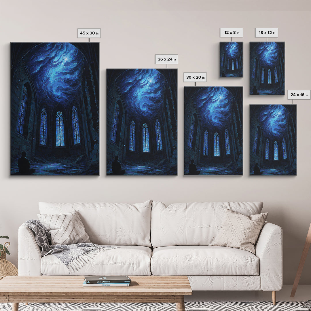Blue Cosmic Chapel Ruins Canvas Print, Celestial Wall Art, Gothic Architecture Decor, Dark Academia Fantasy Art Print, Home Decor