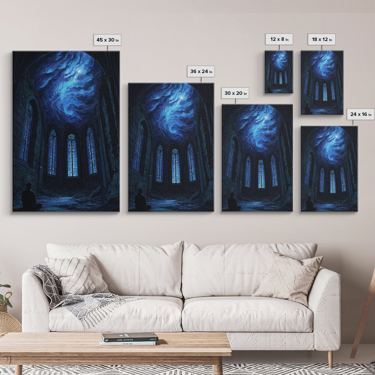 Blue Cosmic Chapel Ruins Canvas Print, Celestial Wall Art, Gothic Architecture Decor, Dark Academia Fantasy Art Print, Home Decor