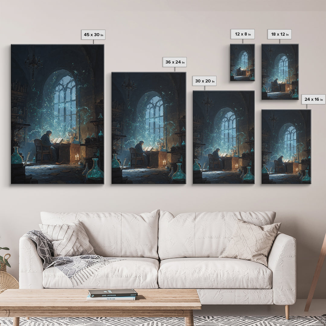 Alchemist Reading In Candlelit Library Framed Canvas Print, Dark Academia Wall Art, Wizard Study Decor, Bookish Gift For Readers
