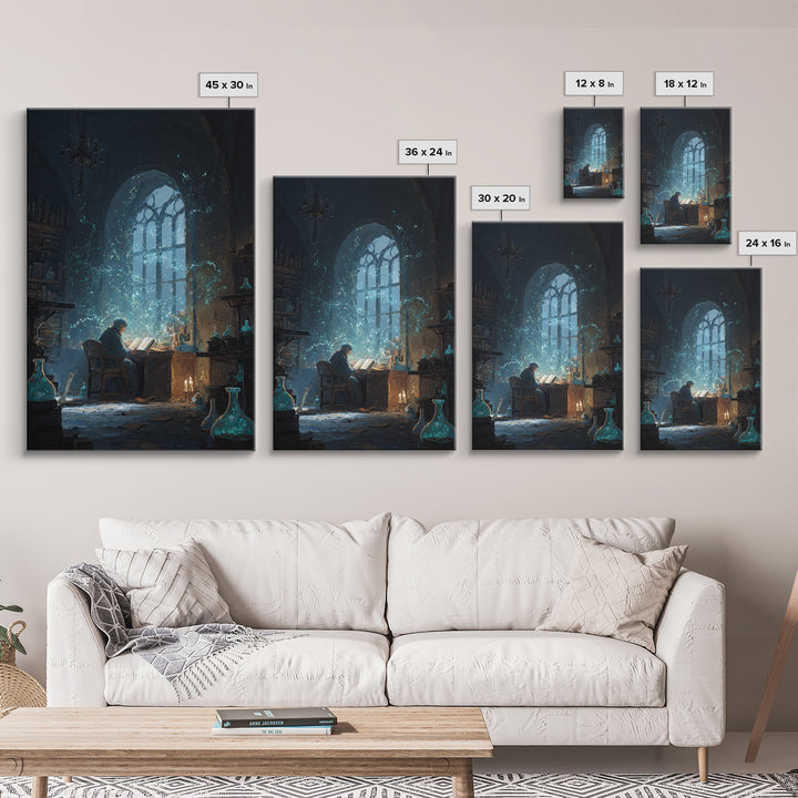 Alchemist Reading In Candlelit Library Framed Canvas Print, Dark Academia Wall Art, Wizard Study Decor, Bookish Gift For Readers