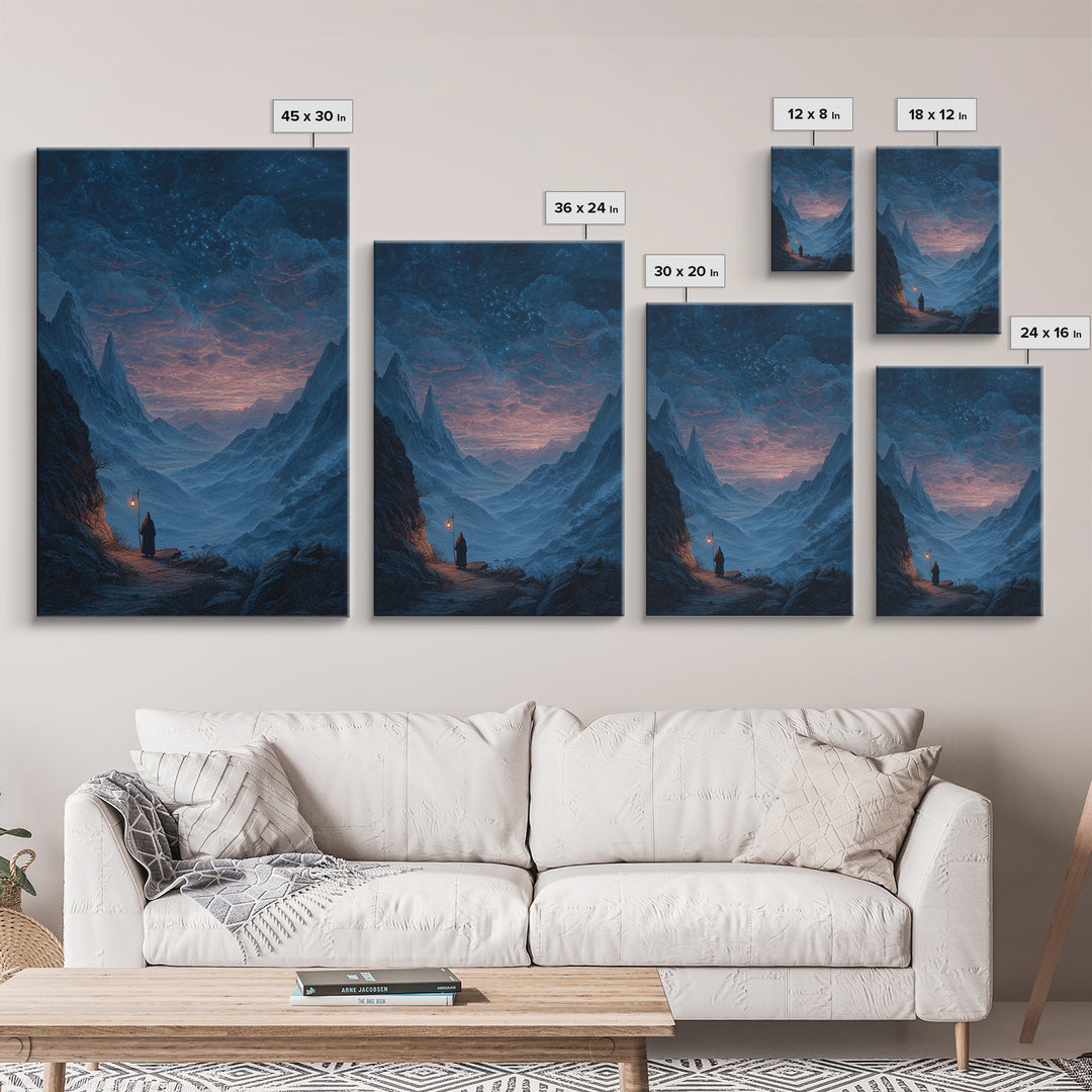 Starry Mountain Valley Pilgrim Wall Art, Fantasy Landscape Canvas Print, Celestial Night Sky Decor, Moody Blue Art Print