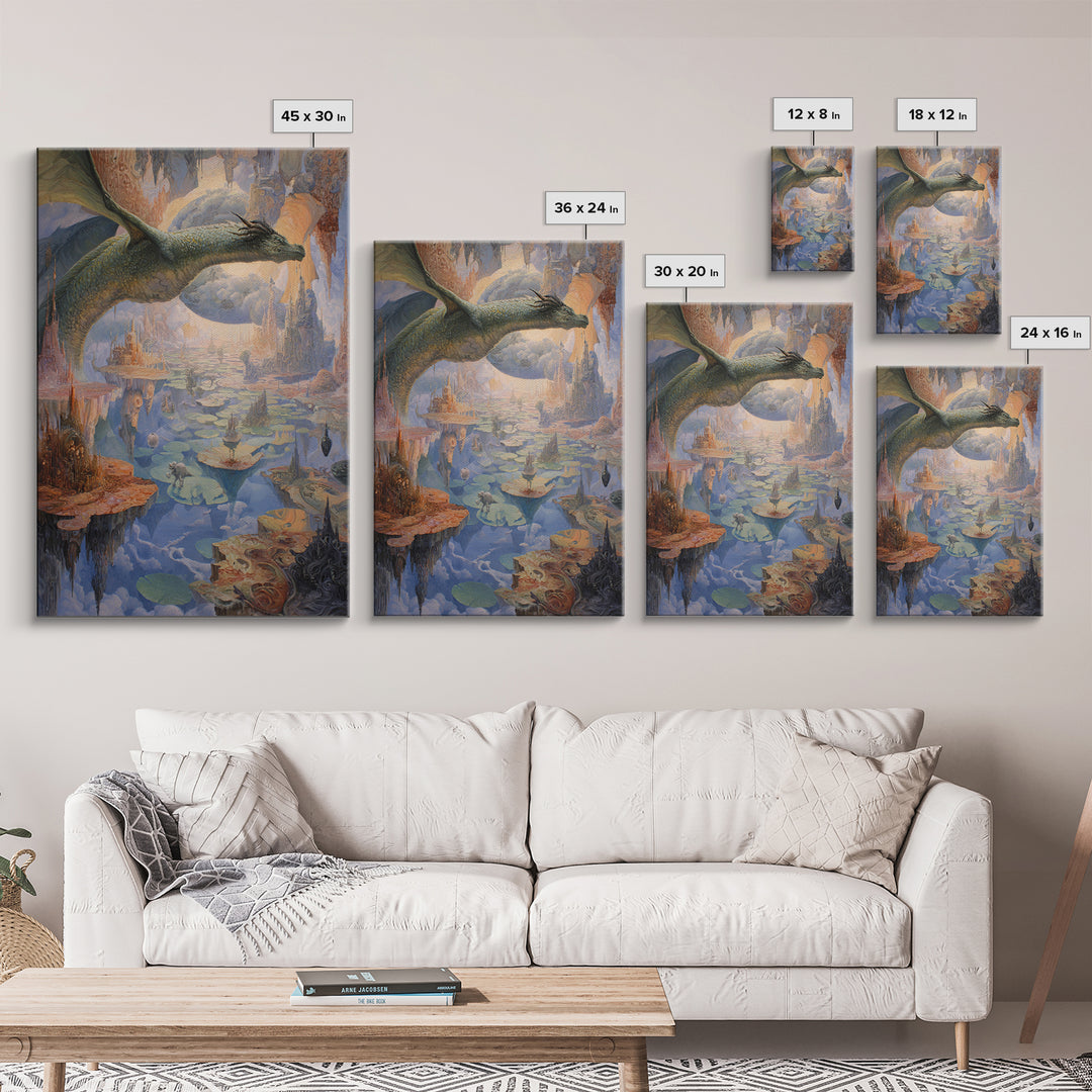 Giant Dragon Over Floating Kingdom Canvas Print, Fantasy Wall Art, Surreal Castle Landscape, Dreamy Storybook Decor, Gift For Her