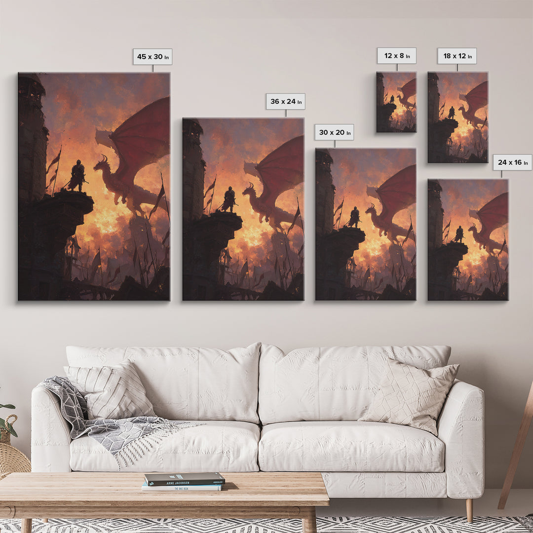 Knight Facing Red Dragon Wall Art, Epic Fantasy Canvas Print, Medieval Castle Decor, Dragon Artwork Gift For Him, Living Room Decor