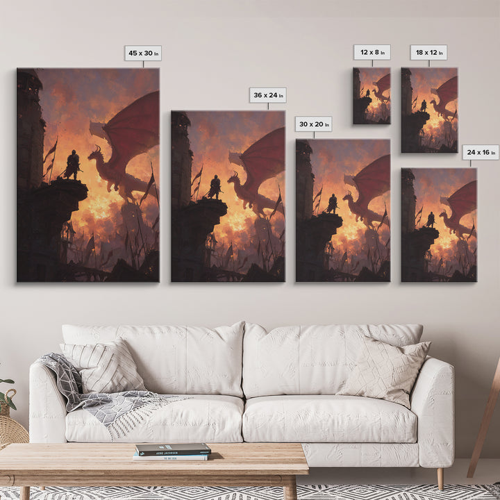 Knight Facing Red Dragon Wall Art, Epic Fantasy Canvas Print, Medieval Castle Decor, Dragon Artwork Gift For Him, Living Room Decor