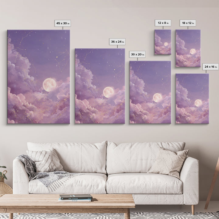 Full Moon Cloud Canvas Print, Lavender Celestial Sky Art, Zodiac Constellation Decor, Dreamy Nursery Wall Art For Bedroom