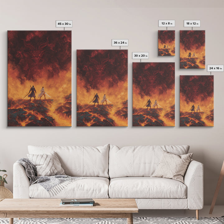 Fiery Demon And Lava Warriors Wall Art, Dark Fantasy Battle Canvas, Gothic Game Room Decor, Epic Dragon Gift For Him, Large Print