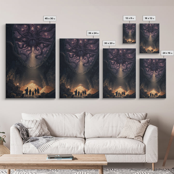 Eldritch Many Eyed Monster Framed Canvas Print, Dark Fantasy Cave Treasure Wall Decor, Gothic Horror Art For Game Room Gift