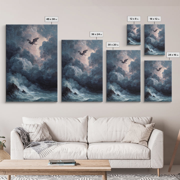 Storm Dragon Over Dark Ocean Wall Art, Gothic Fantasy Canvas Print, Moody Seascape Decor, Lightning Art Gift For Him, Large Print