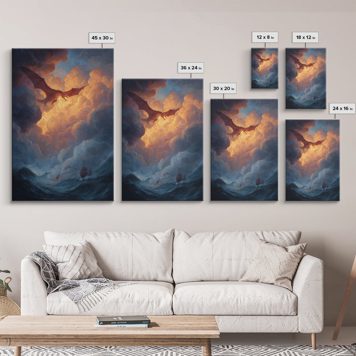Golden Sky Dragon Above Stormy Sea Framed Canvas Print, Epic Fantasy Wall Art, Ocean Seascape Decor, Dragon Gift For Him