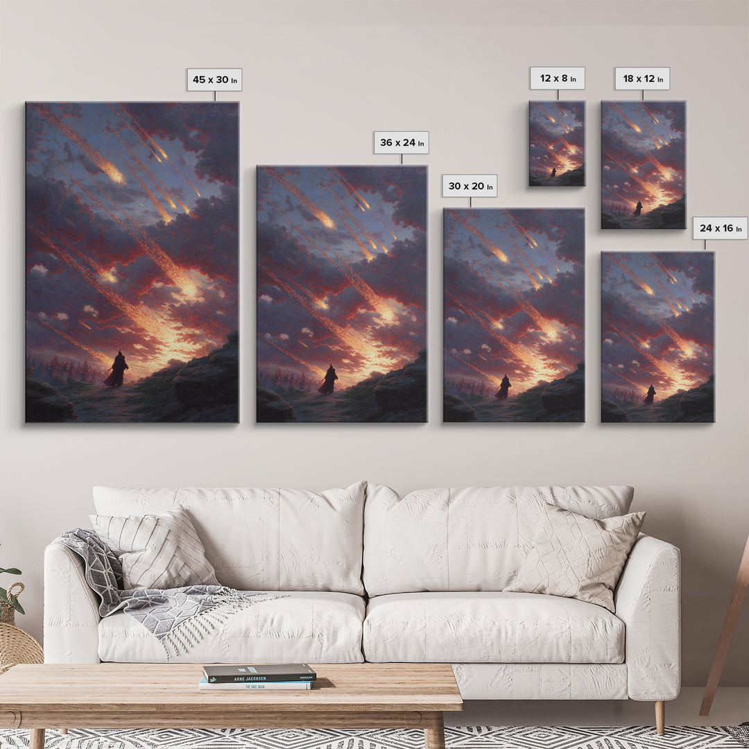 Falling Meteors Over Lone Traveler Wall Art, Apocalyptic Fantasy Canvas Print, Dark Landscape Decor, Dramatic Sky Art Gift