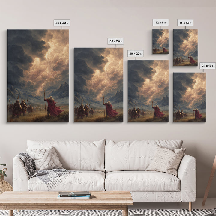 Warrior Army And Lightning Mage Framed Canvas Print, Epic Fantasy Wall Art, Mountain Landscape Decor, Viking Gift For Him