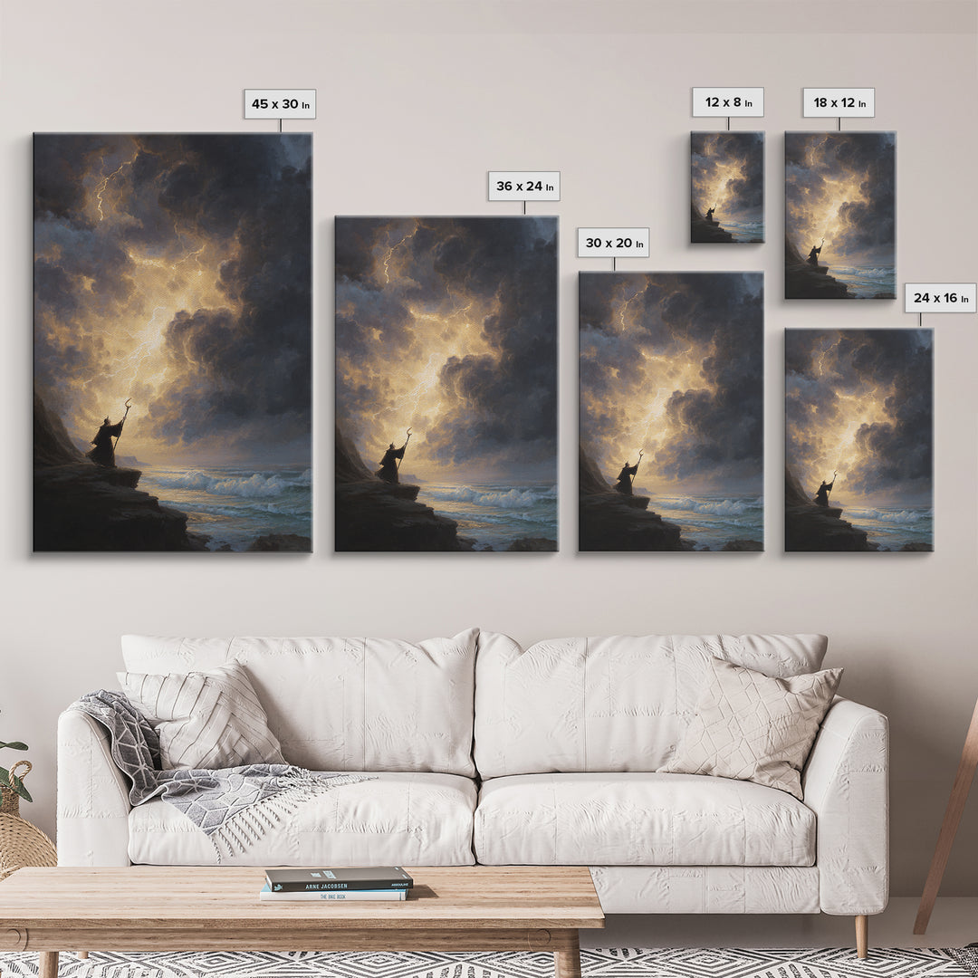Storm Wizard On Sea Cliff Wall Art, Lightning Sky Canvas Print, Dark Fantasy Seascape Decor, Gothic Coastal Gift For Him
