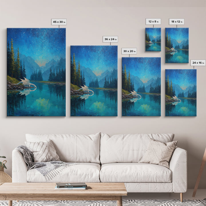 White Dragon Beside Starry Alpine Lake Wall Art, Fantasy Landscape Canvas Print, Blue Nature Decor, Dragon Nursery Gift For Kids