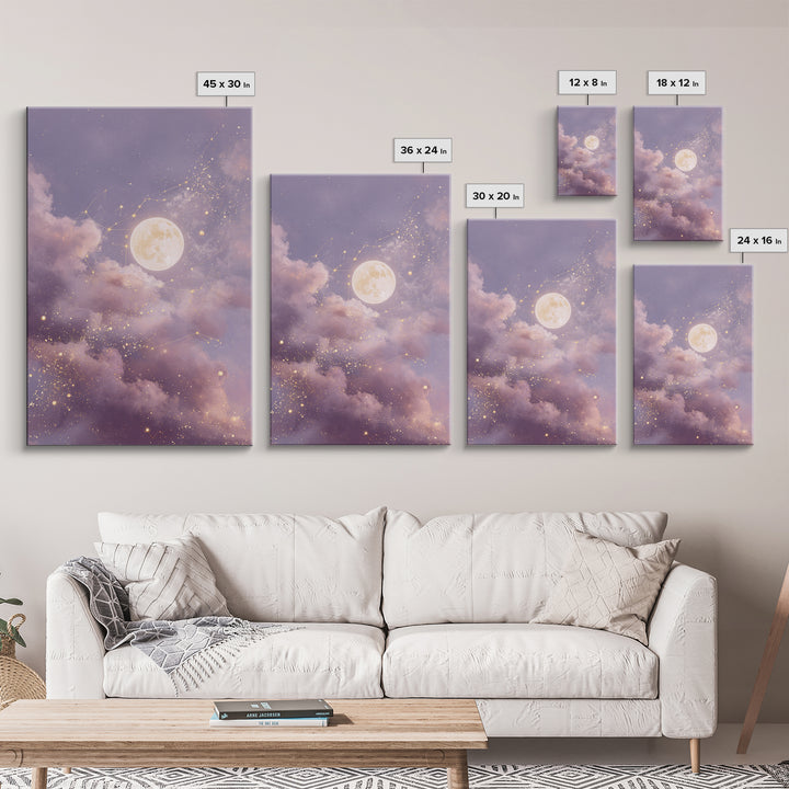 Glowing Moon And Star Cloud Wall Art, Lavender Celestial Canvas, Zodiac Constellation Decor, Dreamy Bedroom Print For Her