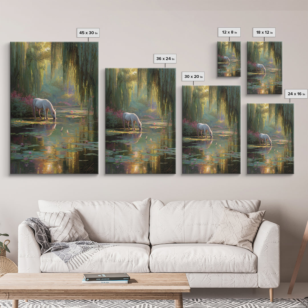 White Horse By Lily Pond Wall Art, Enchanted Forest Fantasy Canvas, Whimsical Nature Decor, Fairy Tale Living Room Art Print