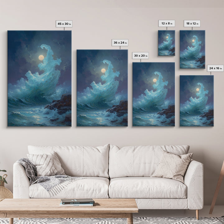Moonlit Turquoise Wave Canvas Print, Dramatic Ocean Seascape Wall Decor, Coastal Fantasy Art For Bedroom And Living Room