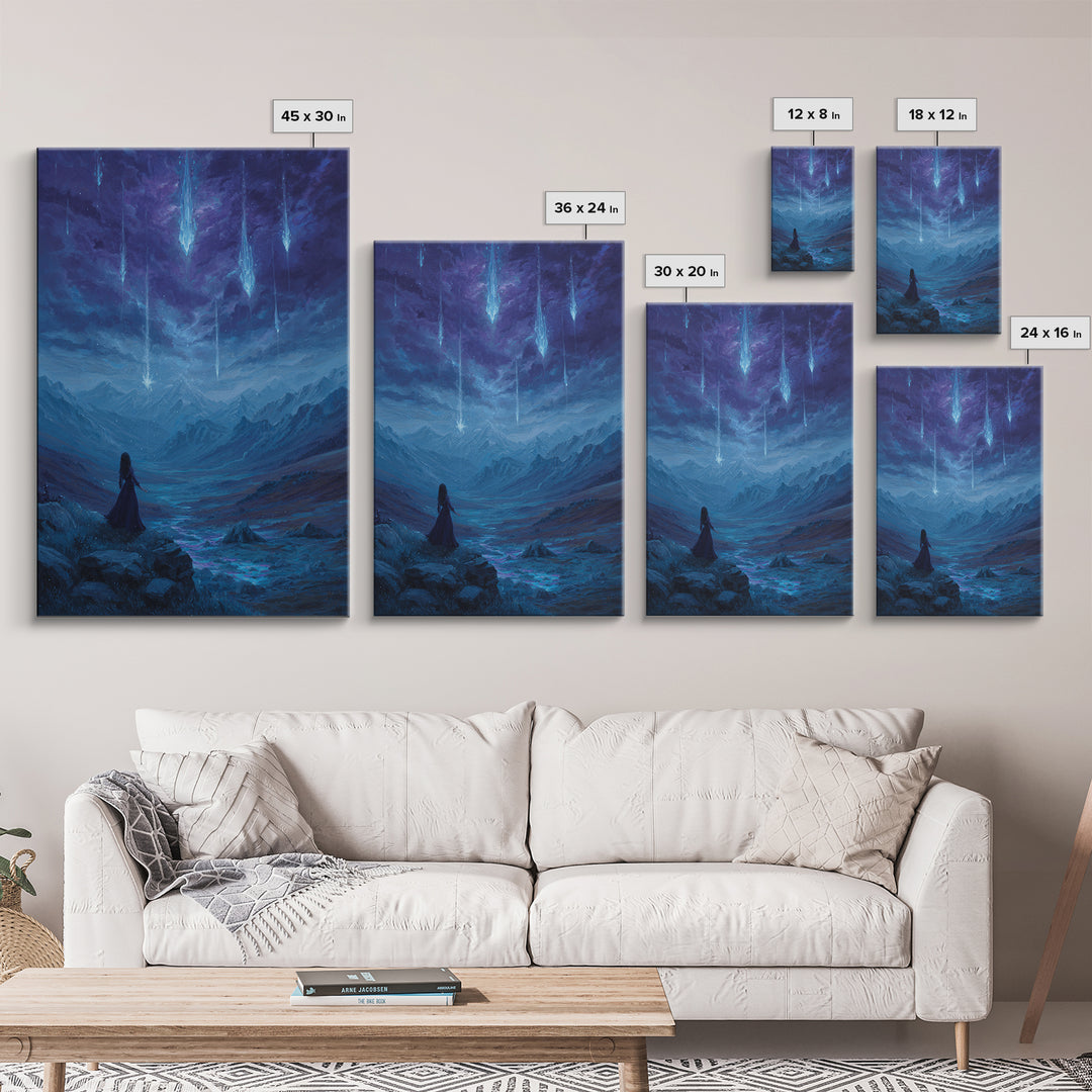 Celestial Meteor Valley Wall Art, Blue Mountain Fantasy Landscape, Mystical Night Sky Decor For Bedroom Or Office Canvas Print