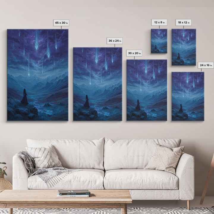 Celestial Meteor Valley Wall Art, Blue Mountain Fantasy Landscape, Mystical Night Sky Decor For Bedroom Or Office Canvas Print