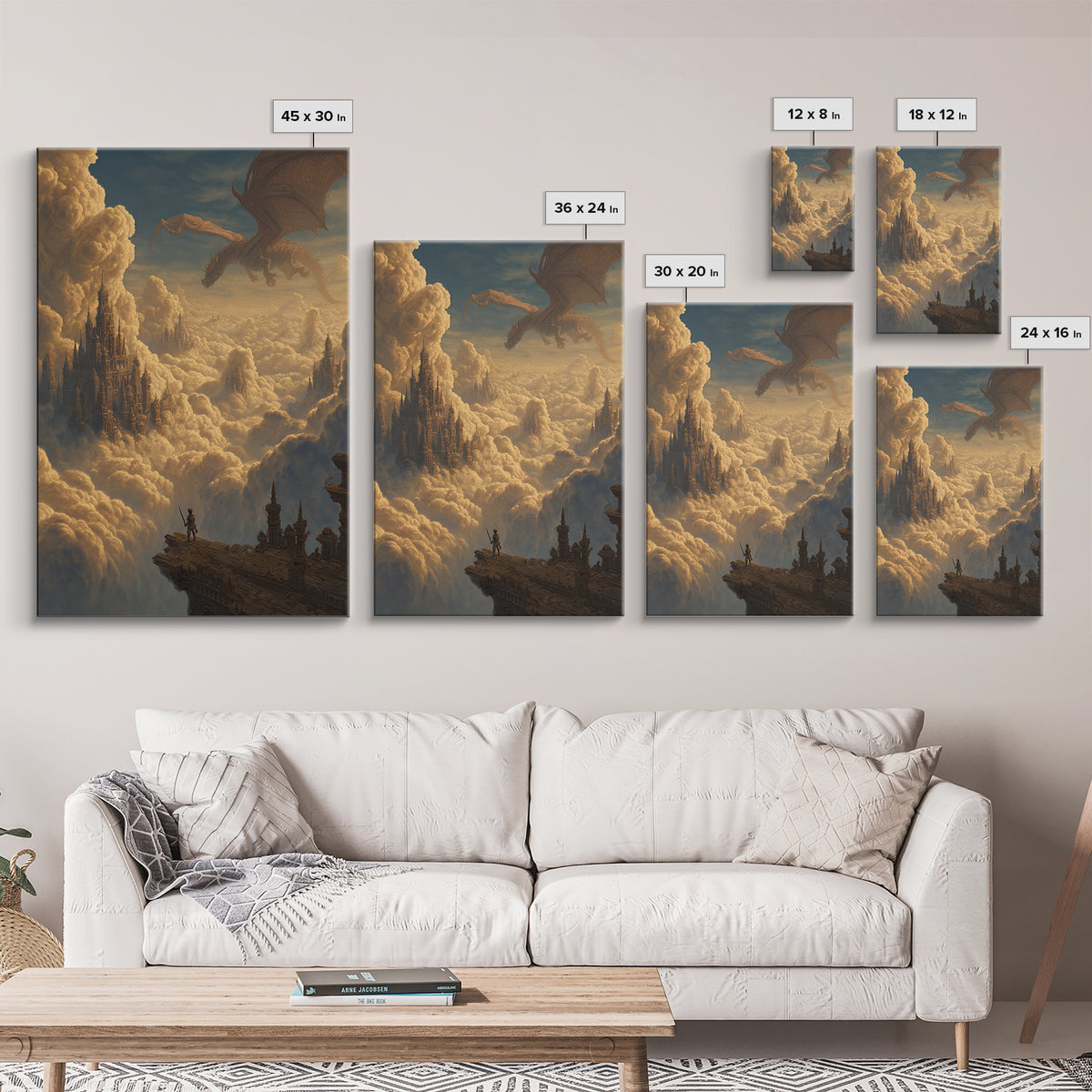 Dragon Over Cloud Kingdom Framed Canvas Print, Epic Fantasy Castle Wall Decor, Mythical Adventure Art For Gamer Room Gift