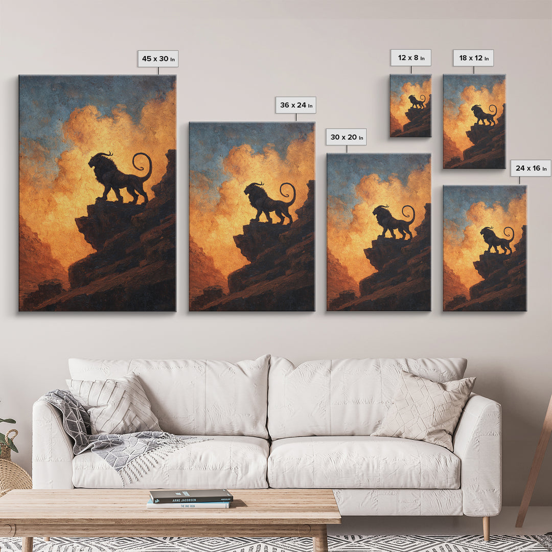 Black Lion On Sunset Cliff Canvas Print, Dramatic Wildlife Silhouette Wall Art, Rustic Safari Decor For Living Room Or Office