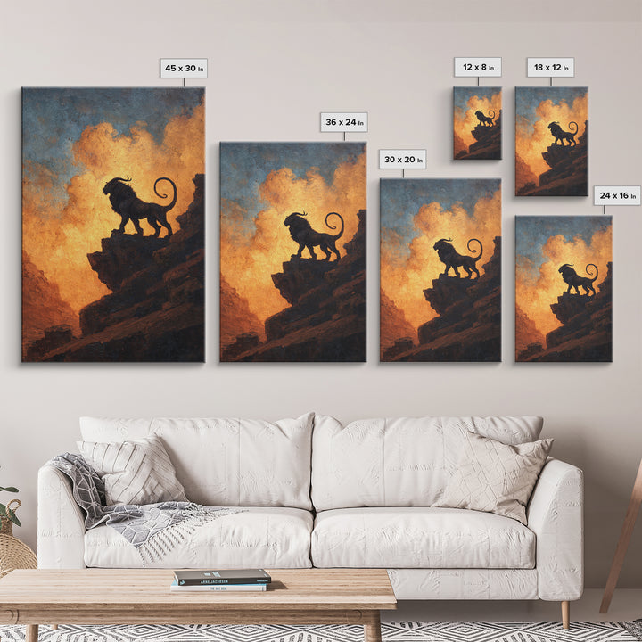 Black Lion On Sunset Cliff Canvas Print, Dramatic Wildlife Silhouette Wall Art, Rustic Safari Decor For Living Room Or Office
