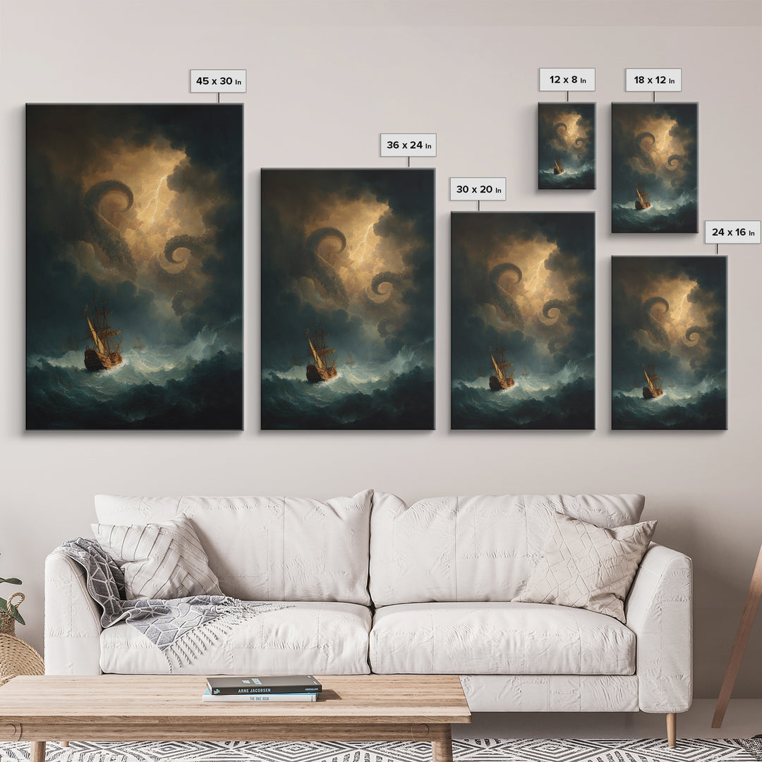 Kraken Sea Monster Wall Art, Stormy Ship Ocean Fantasy Painting, Dark Nautical Canvas Print For Gothic Coastal Decor Gift