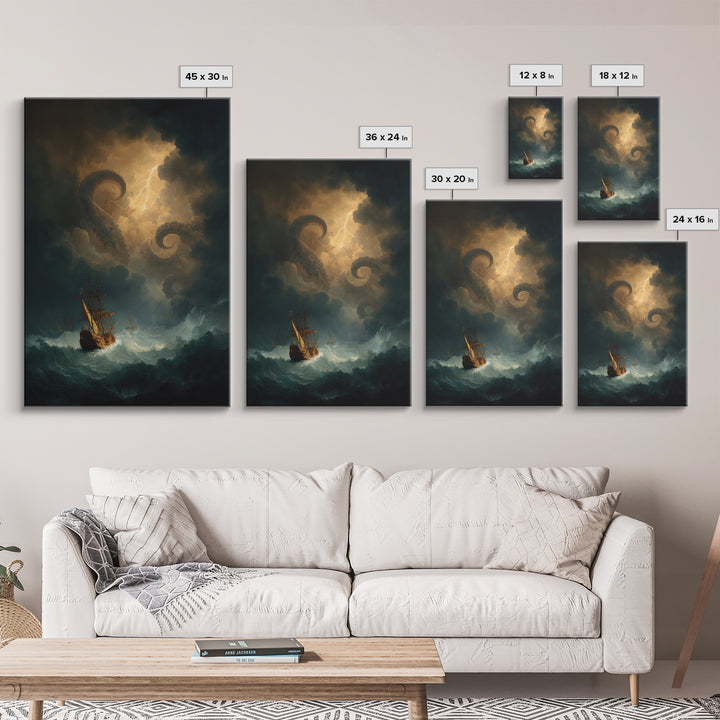 Kraken Sea Monster Wall Art, Stormy Ship Ocean Fantasy Painting, Dark Nautical Canvas Print For Gothic Coastal Decor Gift