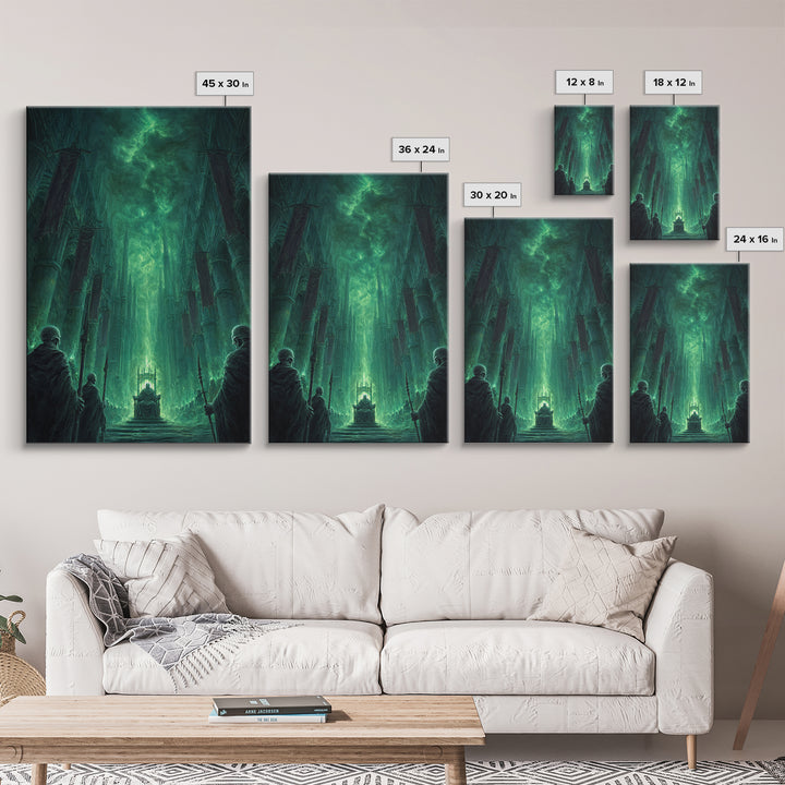 Emerald Gothic Throne Room Framed Canvas Print, Dark Fantasy Cathedral Wall Art, Moody Occult Decor For Office Or Library