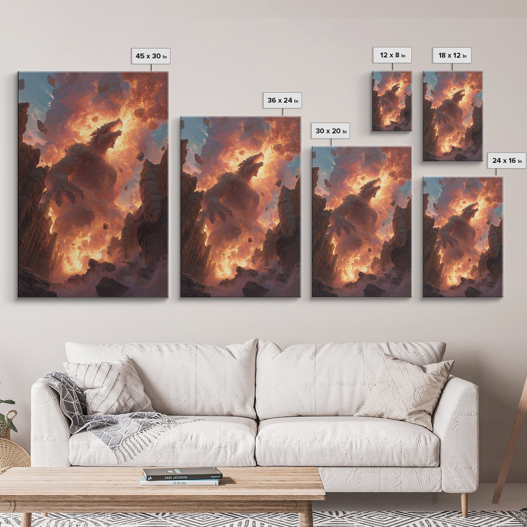 Titan Dragon Rising From Ruins Wall Art, Fiery Fantasy Monster Canvas Print, Epic Apocalyptic Decor For Gamer Room Gift