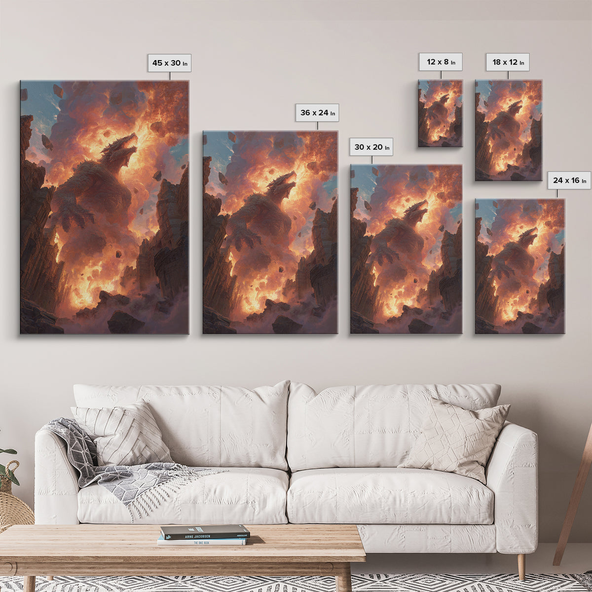 Titan Dragon Rising From Ruins Wall Art, Fiery Fantasy Monster Canvas Print, Epic Apocalyptic Decor For Gamer Room Gift
