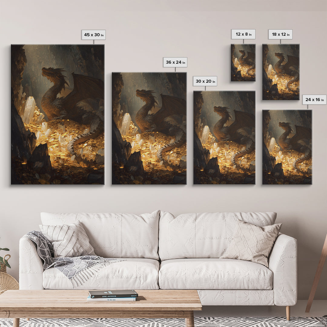 Dragon Guarding Crystal Treasure Framed Canvas Print, Dark Fantasy Cave Wall Art, Mythical Gold Hoard Decor For Gamer Room