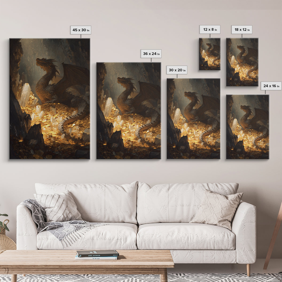 Dragon Guarding Crystal Treasure Framed Canvas Print, Dark Fantasy Cave Wall Art, Mythical Gold Hoard Decor For Gamer Room