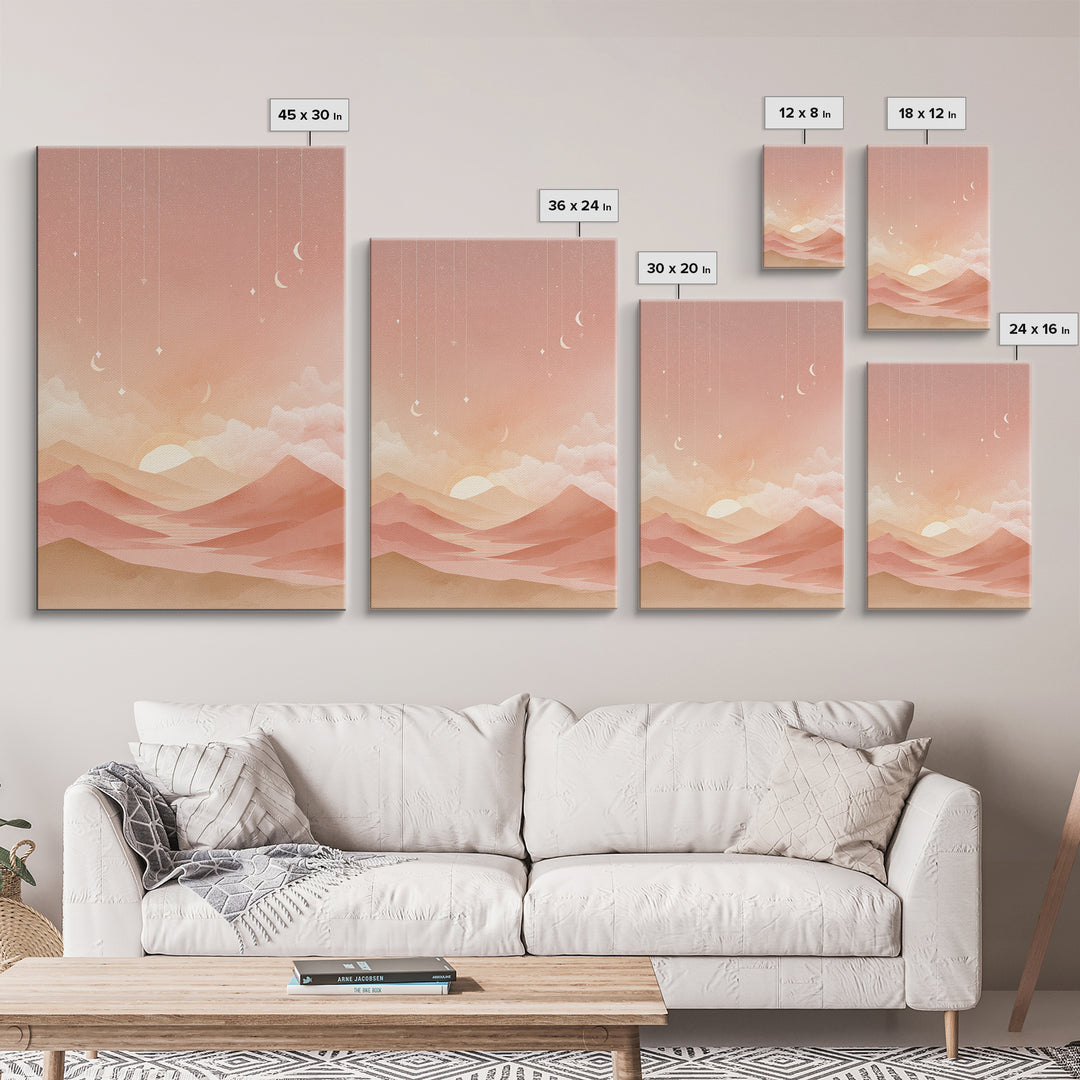 Peach Desert Sunrise Wall Art, Minimalist Moon Landscape Canvas, Boho Nursery Decor, Warm Neutral Bedroom Print Gift For Her