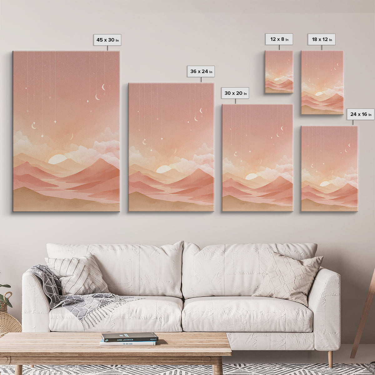 Peach Desert Sunrise Wall Art, Minimalist Moon Landscape Canvas, Boho Nursery Decor, Warm Neutral Bedroom Print Gift For Her