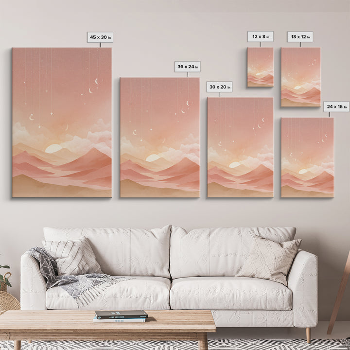 Peach Desert Sunrise Wall Art, Minimalist Moon Landscape Canvas, Boho Nursery Decor, Warm Neutral Bedroom Print Gift For Her