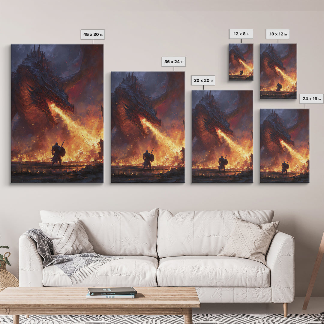 Fire Breathing Dragon Battle Wall Art, Dark Fantasy Canvas Print, Medieval Warrior Decor, Gothic Game Room Gift For Him Art