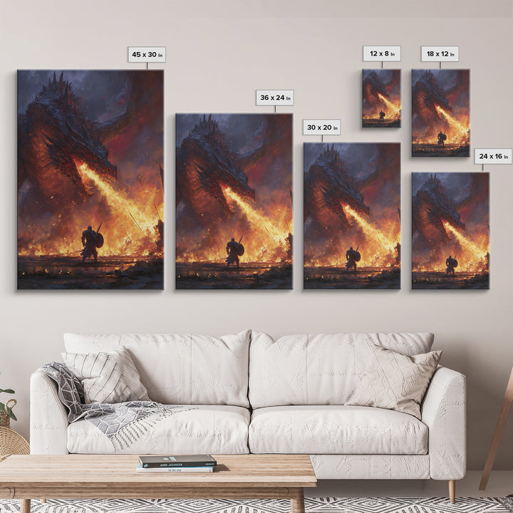 Fire Breathing Dragon Battle Wall Art, Dark Fantasy Canvas Print, Medieval Warrior Decor, Gothic Game Room Gift For Him Art