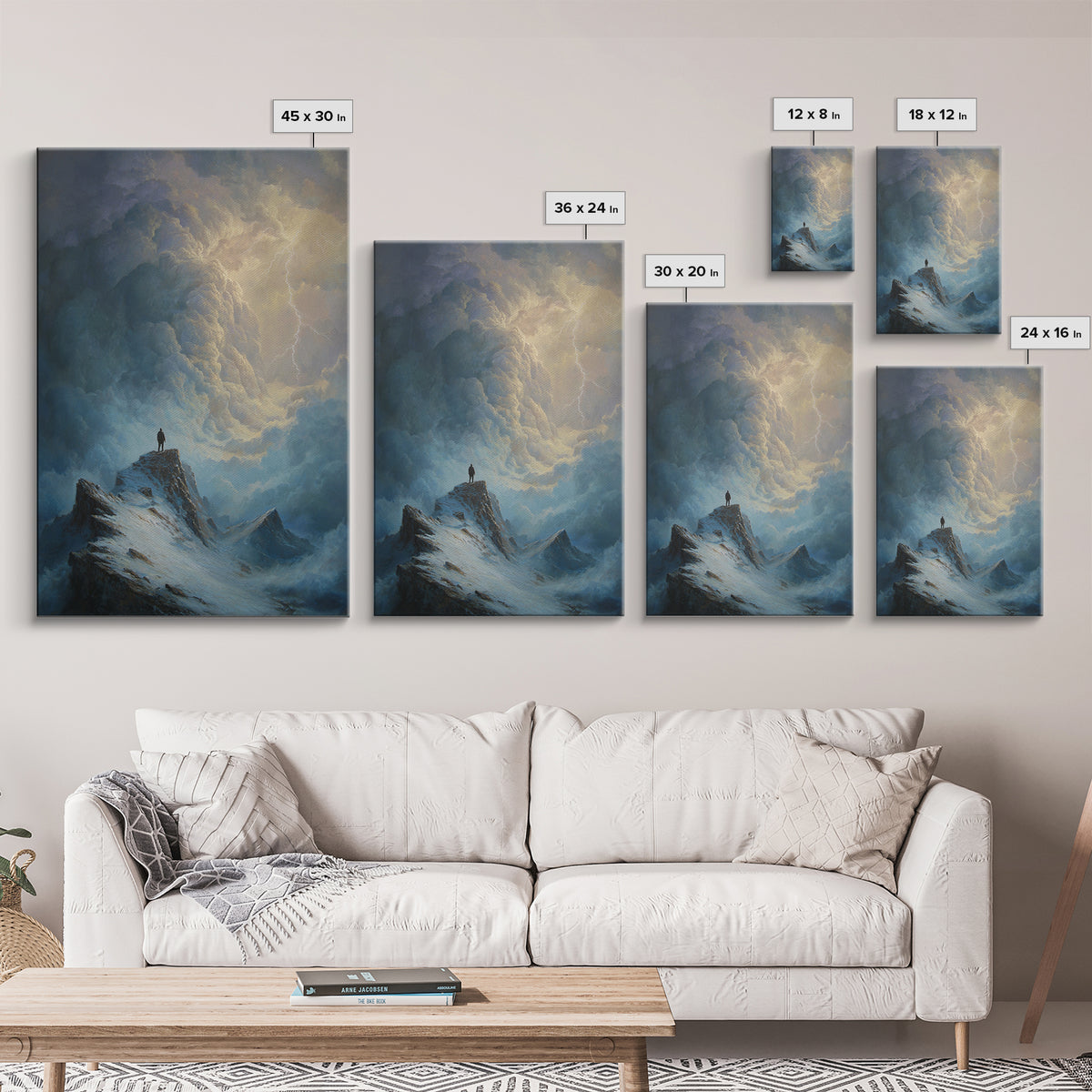 Lone Figure On Stormy Mountain Wall Art, Lightning Cloudscape Canvas Print, Moody Landscape Decor, Dark Academia Gift For Him