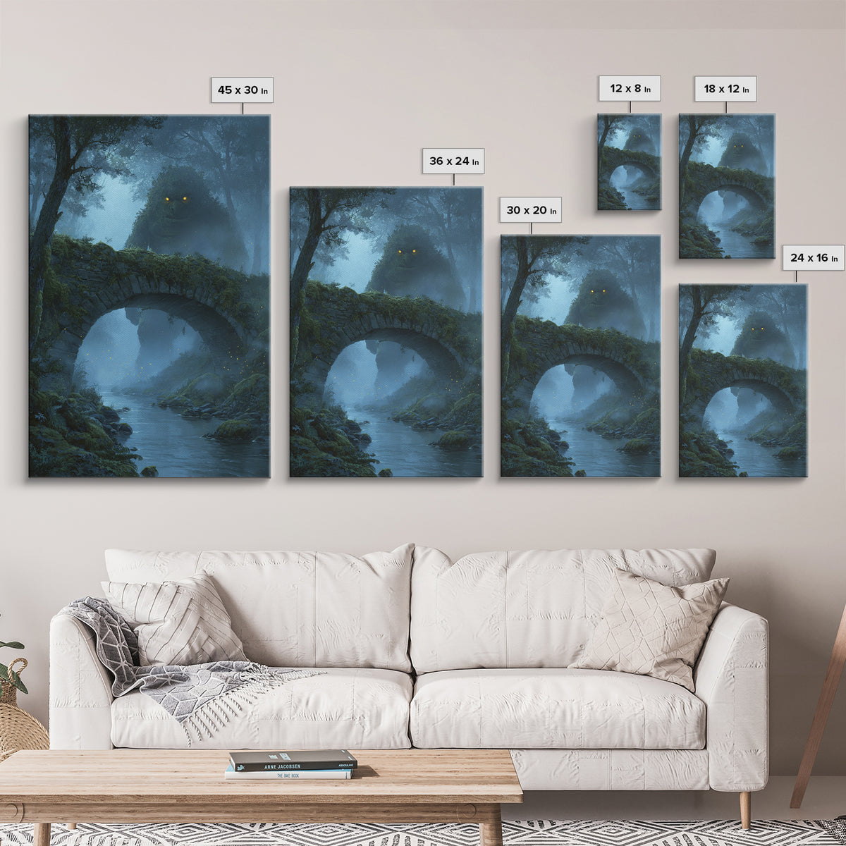 Glowing Eyed Forest Troll Wall Art, Enchanted Stone Bridge Canvas Print, Whimsical Fantasy Decor, Woodland Nursery Gift Art