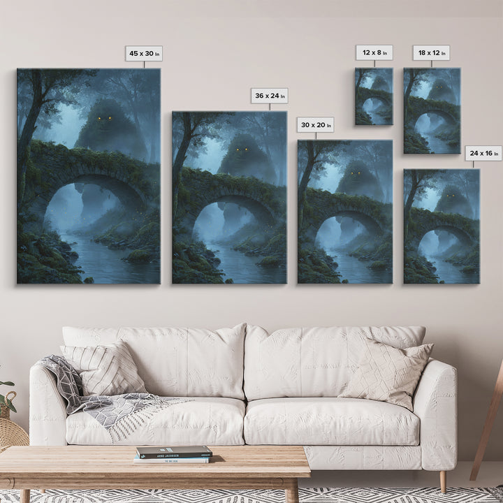 Glowing Eyed Forest Troll Wall Art, Enchanted Stone Bridge Canvas Print, Whimsical Fantasy Decor, Woodland Nursery Gift Art