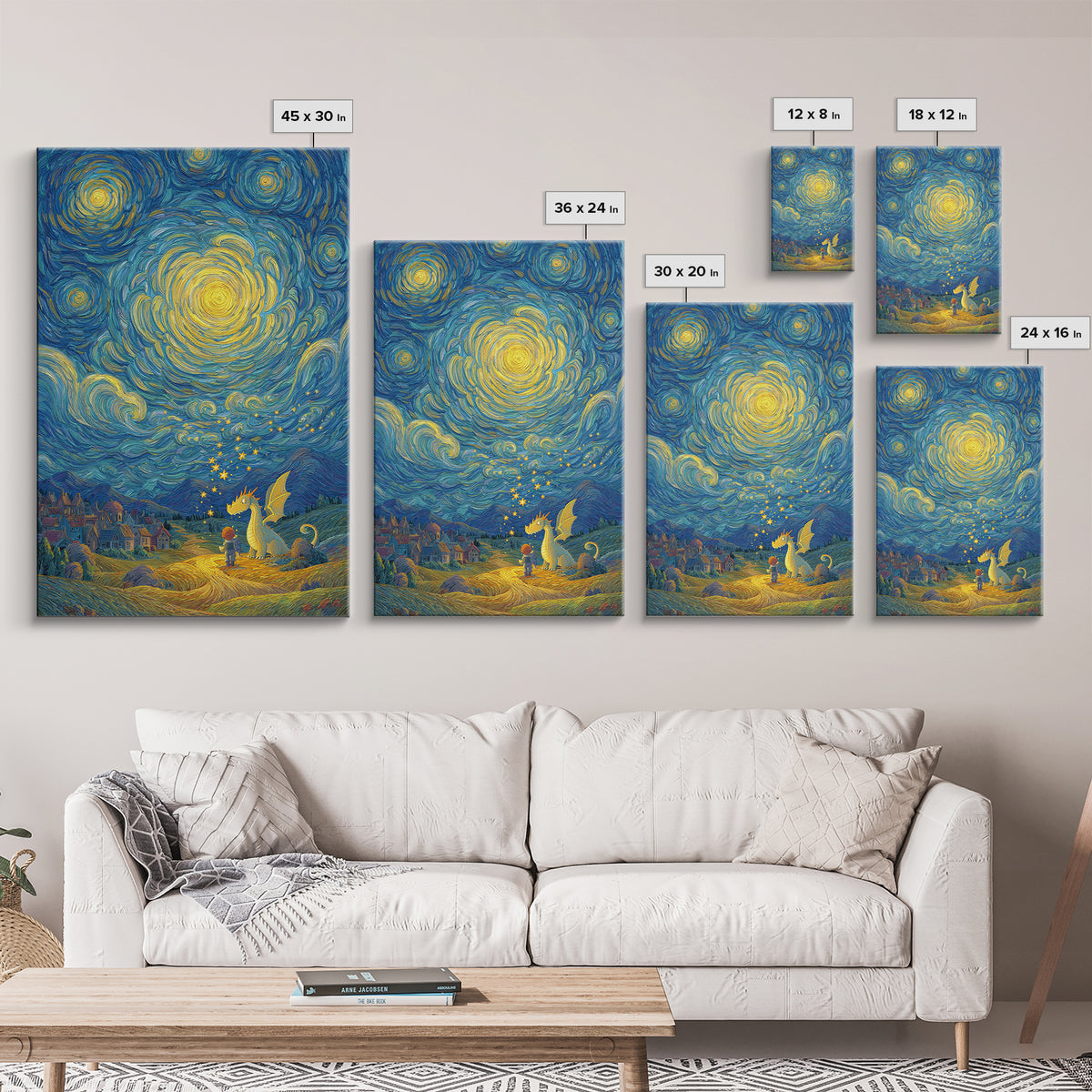 Star Swirled Child And Dragon Wall Art, Whimsical Fantasy Canvas Print, Nursery Decor, Celestial Kids Room Art Gift For Her