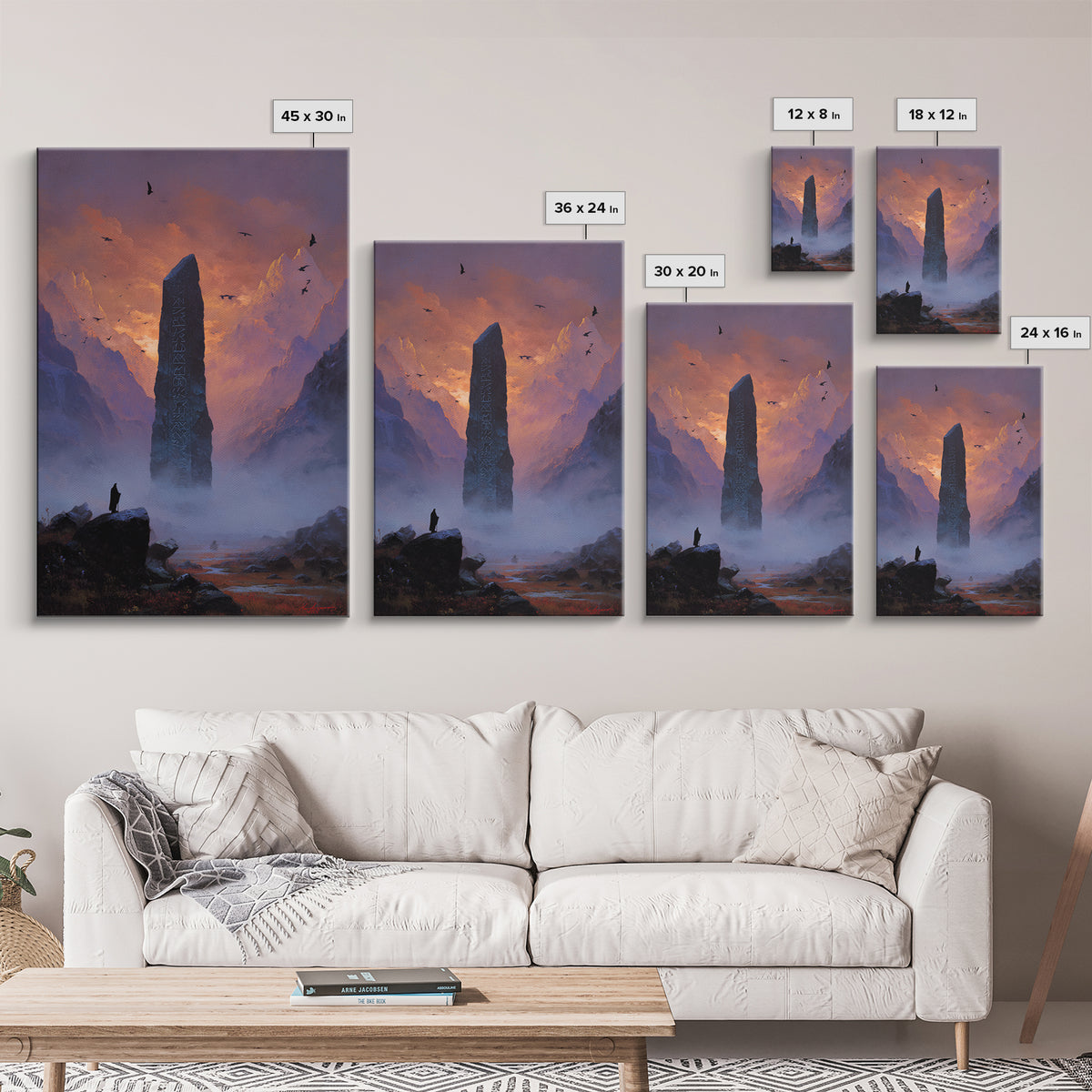 Misty Mountain Monolith Raven Large Canvas Print, Dark Fantasy Wall Art, Epic Landscape Art, Gothic Office Decor, Gift For Him